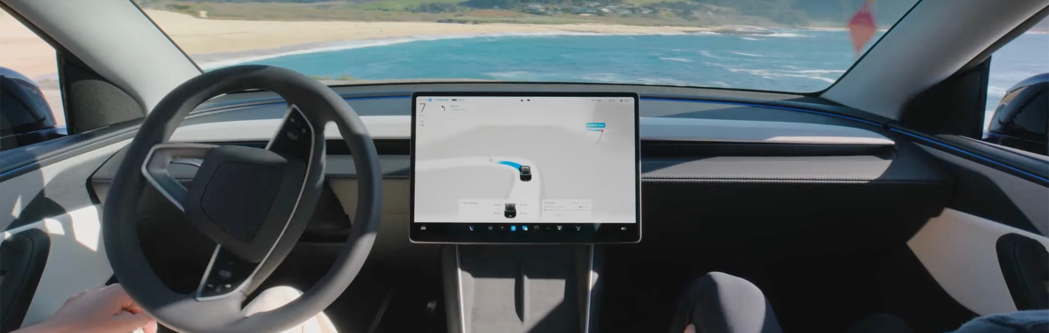 Tesla official FSD supervised demo showing a cabin view and driver-assistance visualization