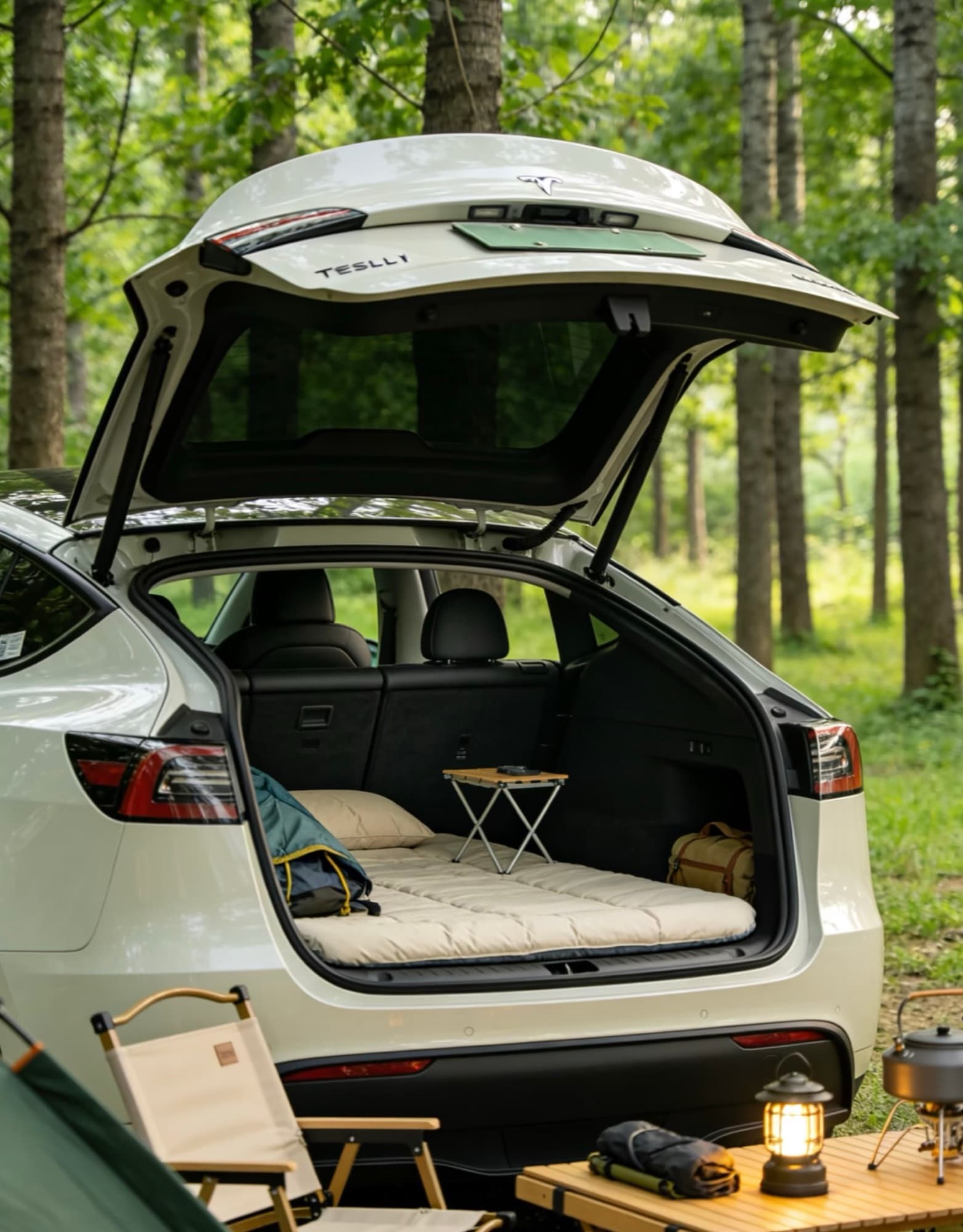 White Model Y parked in a wooded campsite with a mattress laid across the rear cargo area