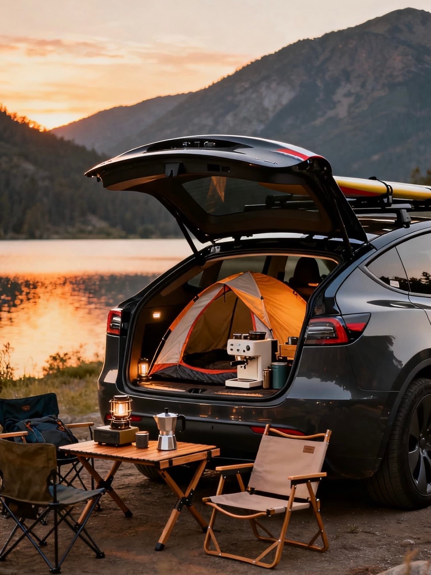 Model Y camping setup beside a lake with chairs, a table, and equipment outside the open rear hatch