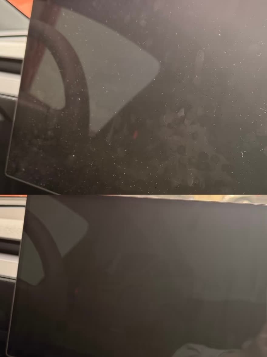 Model Y touchscreen shown with dust and fingerprints before and after cleaning